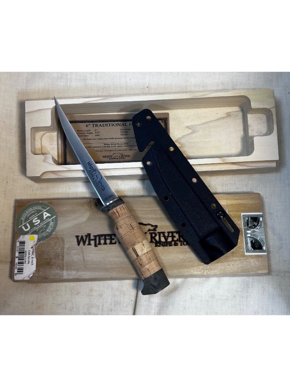 White River Knives Fillet Knife 6"  Trailing Point 440C Stainless Blade Cork Han